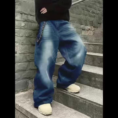 Jean large délavé coupe baggy bleu foncé style urbain unisexe