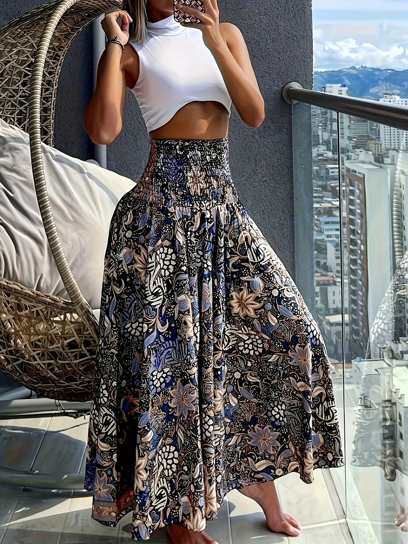 Falda larga de talle alto bohemia para mujer con estampados tropicales para el verano