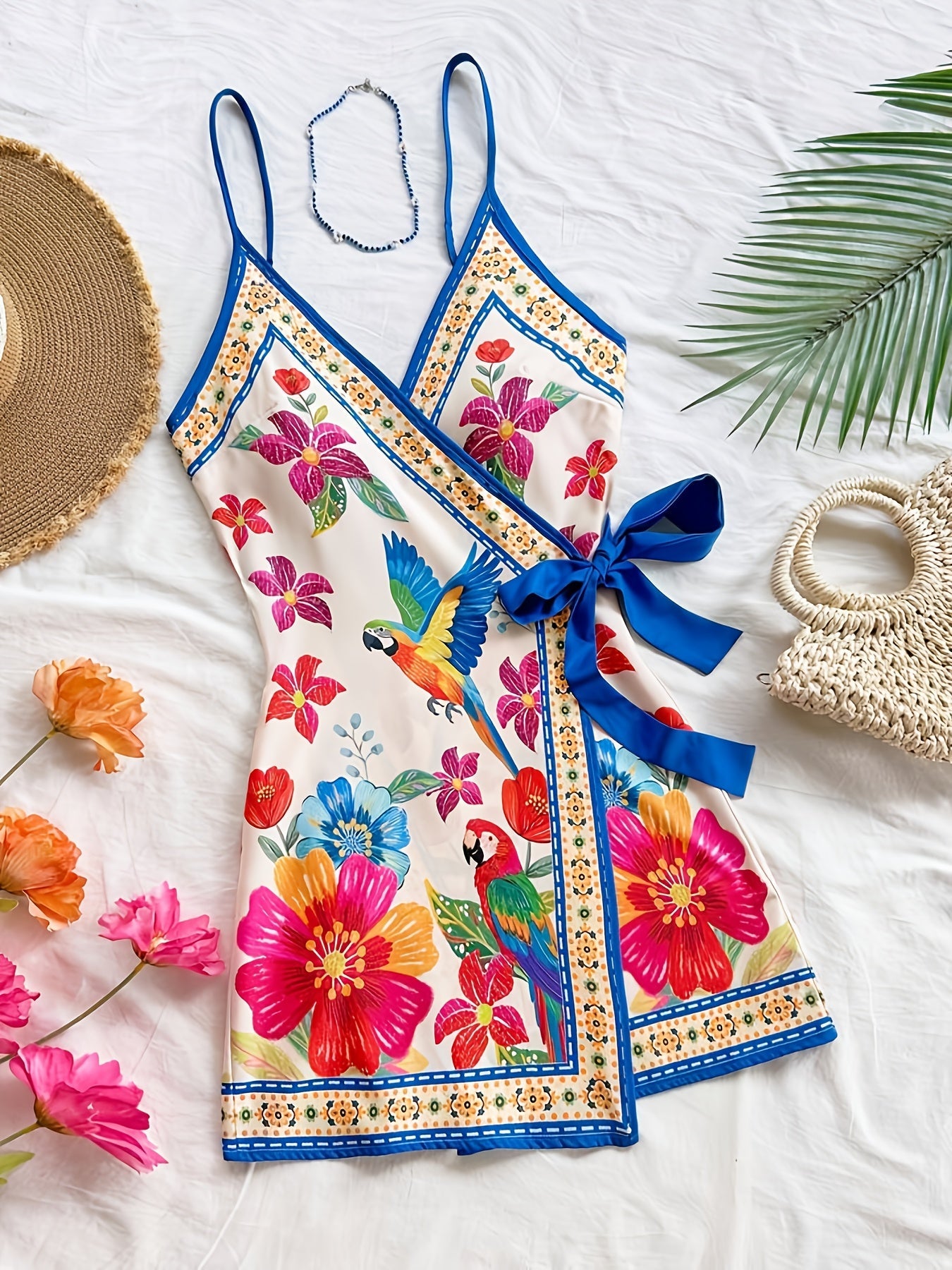 Abito portefeuille tropicale donna stile vacanze con stampa floreale e pappagallo