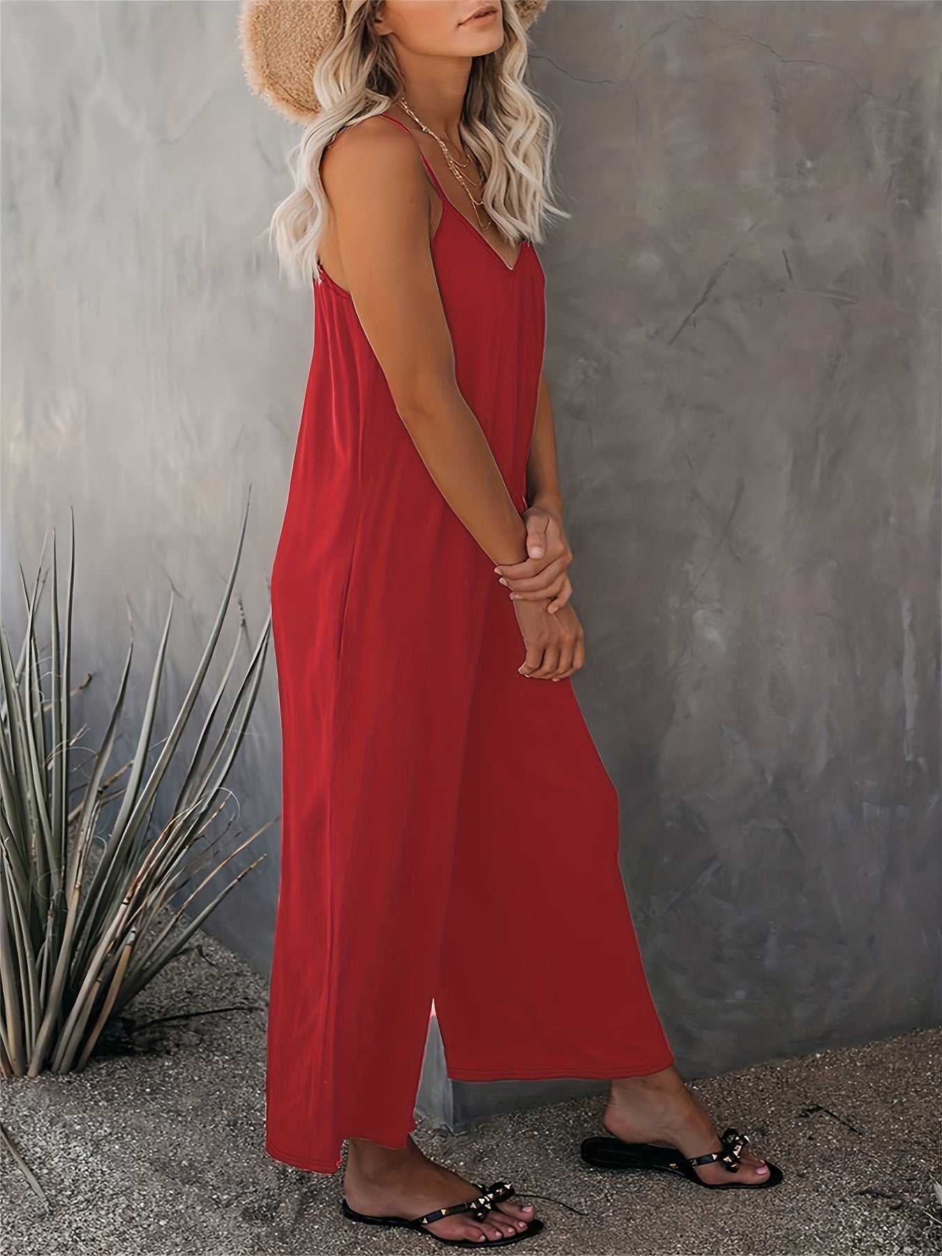 Mono holgado casual para mujer estilo verano con tirantes finos y bolsillos – Look chic y cómodo para vacaciones o ciudad