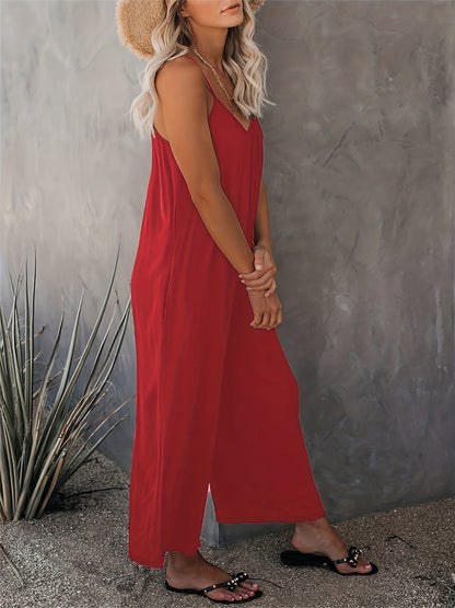 Mono holgado casual para mujer estilo verano con tirantes finos y bolsillos – Look chic y cómodo para vacaciones o ciudad