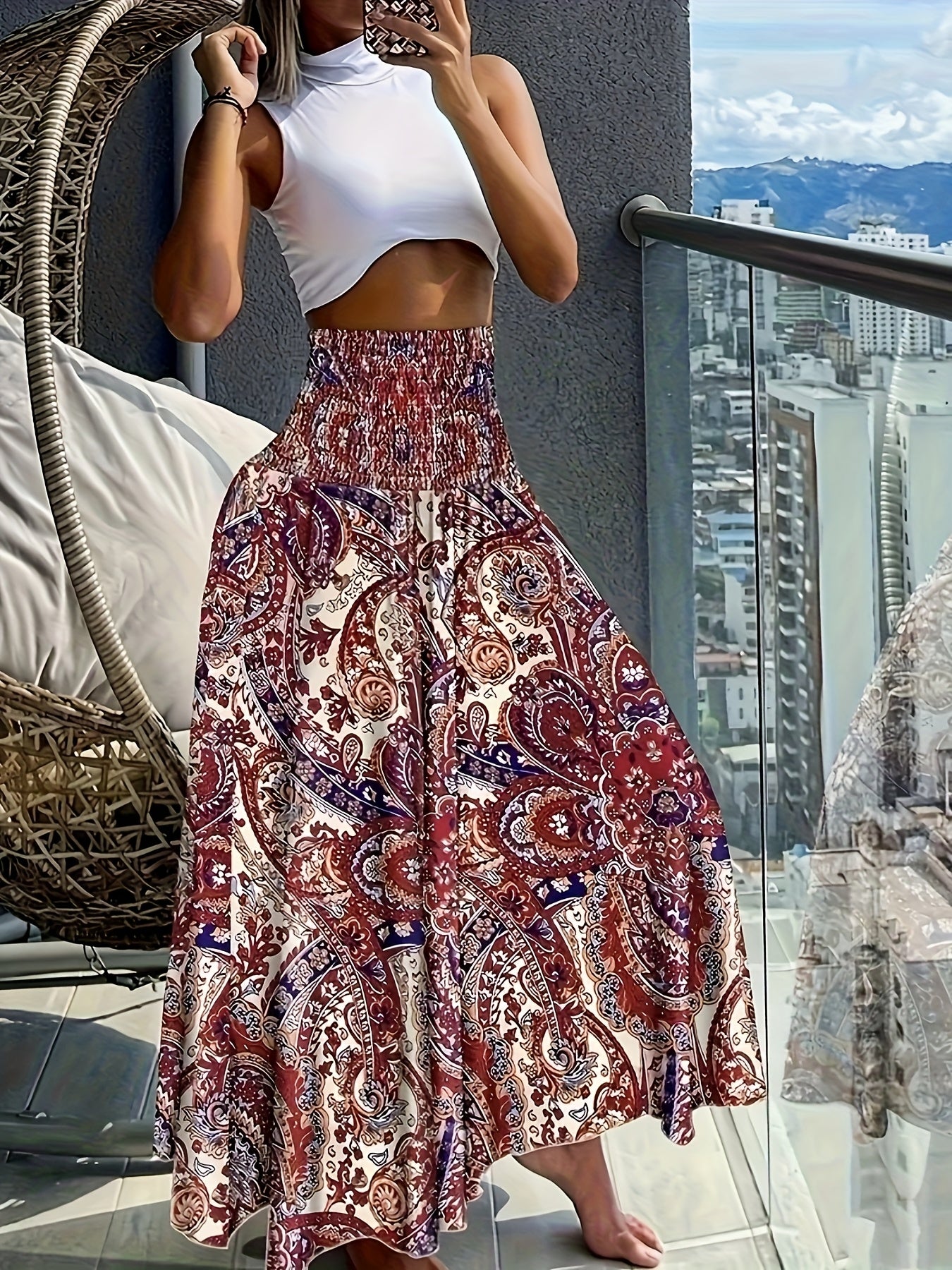 Falda larga de talle alto bohemia para mujer con estampados tropicales para el verano