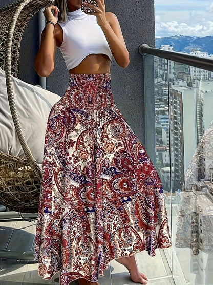 Falda larga de talle alto bohemia para mujer con estampados tropicales para el verano