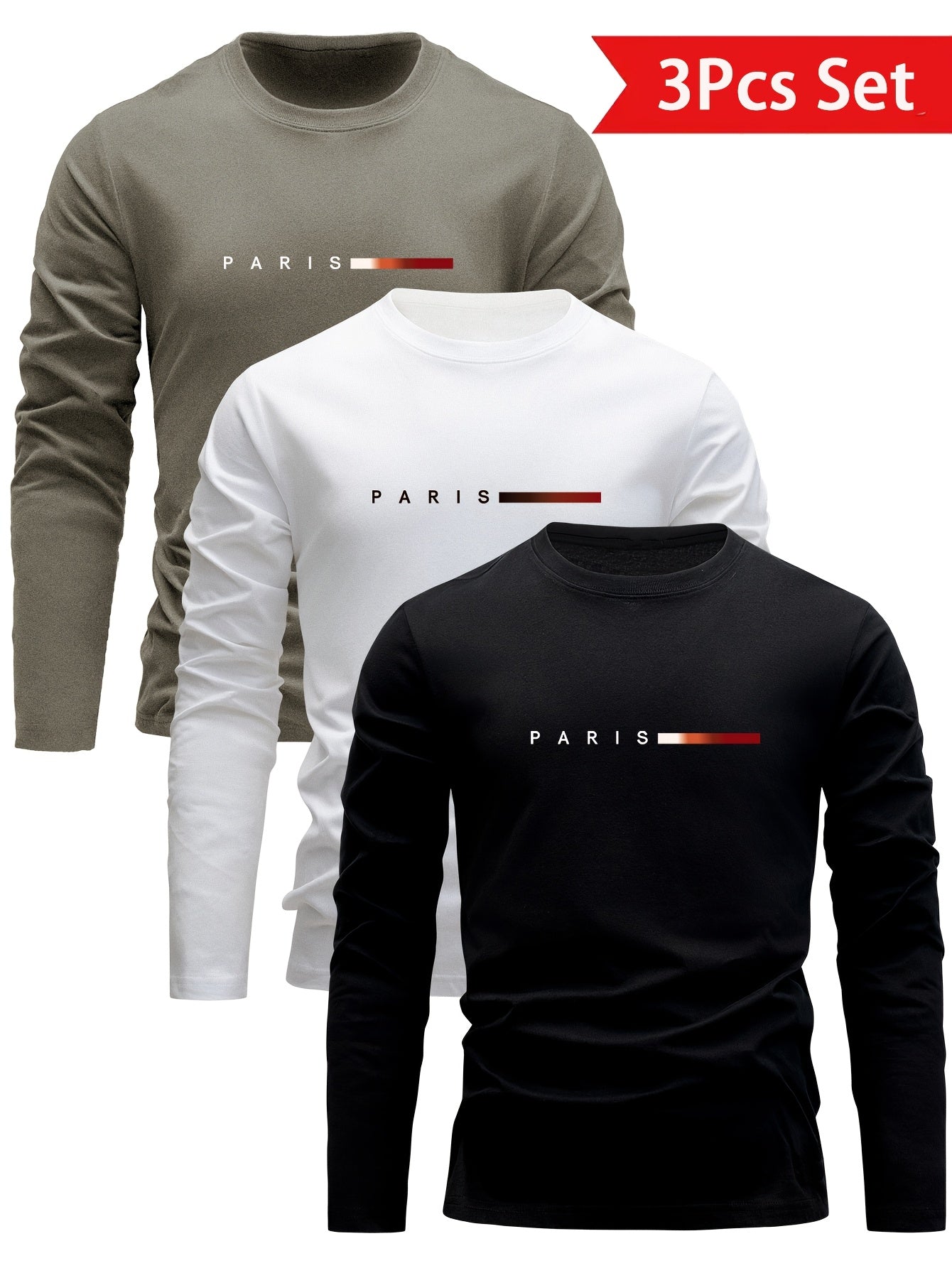 Lot de 3 T-shirts Homme Manches Longues Col Rond Motif Paris Dégradé