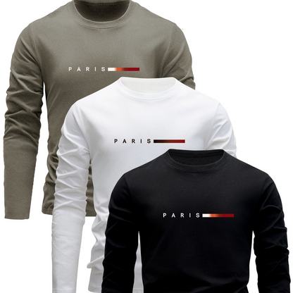Lot de 3 T-shirts Homme Manches Longues Col Rond Motif Paris Dégradé