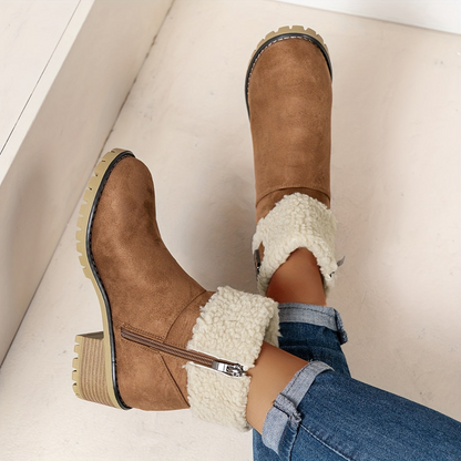Bottines femme doublées imitation fourrure avec boucle décorative et semelle crantée à talon bloc