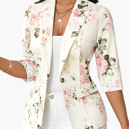 Blazer Femme Élégant à Imprimé Floral, Style Printemps Automne, Manches Trois-Quarts, Idéal pour Bureau et Sorties