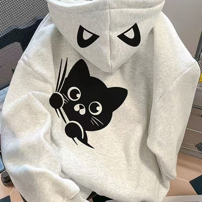 Sweat à Capuche Gris Clair avec Motif Chat Noir