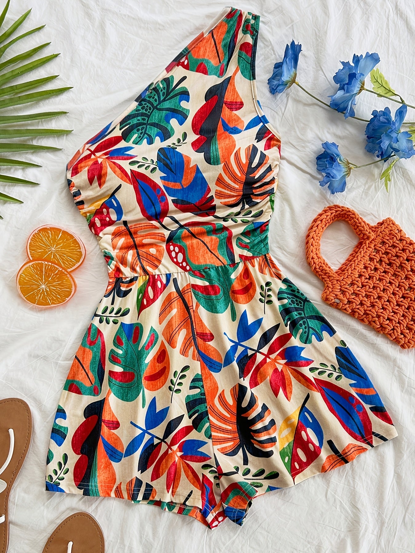 Damen Jumpsuit mit Shorts, einseitig, tropischer Chic für den Sommer