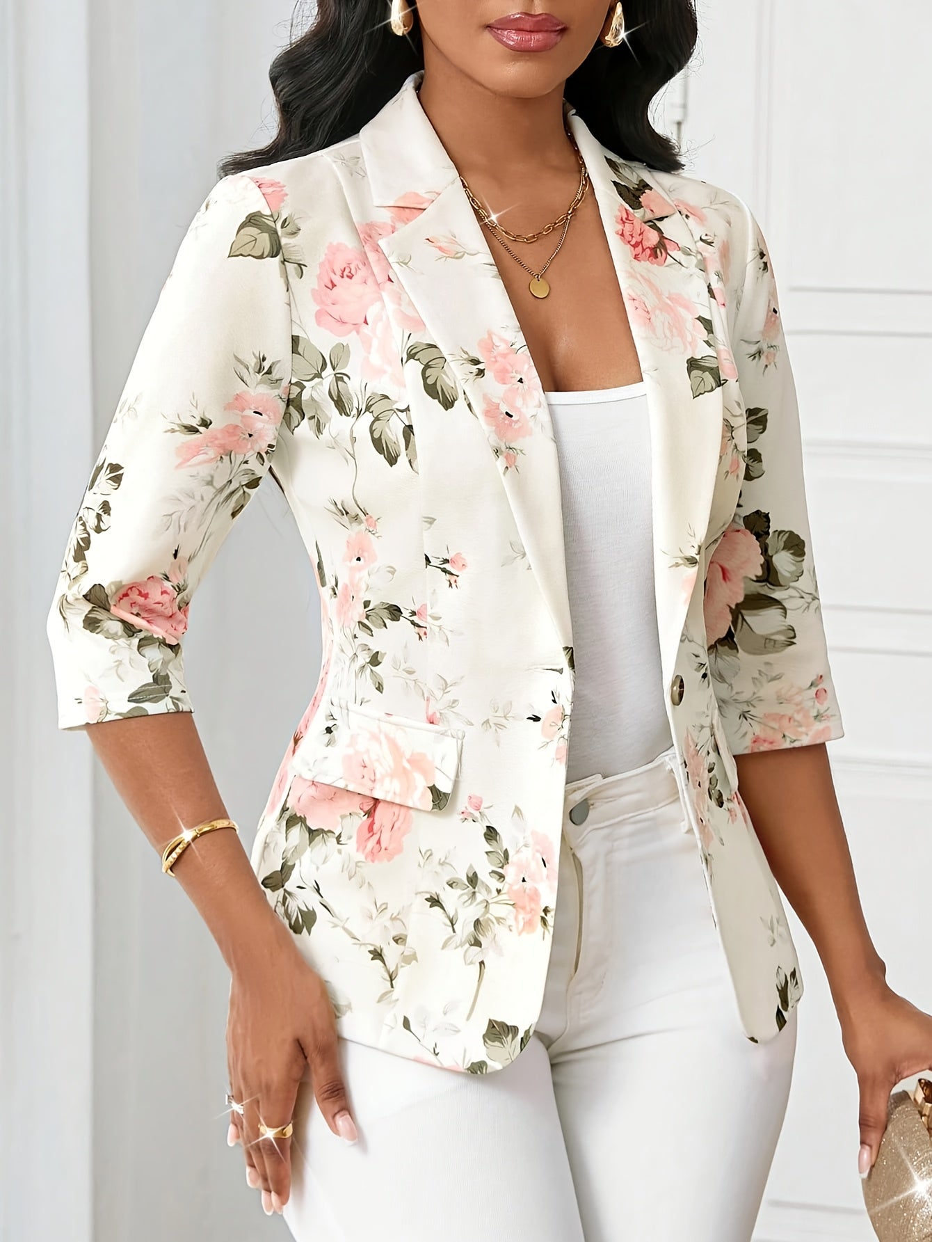 Blazer Femme Élégant à Imprimé Floral, Style Printemps Automne, Manches Trois-Quarts, Idéal pour Bureau et Sorties