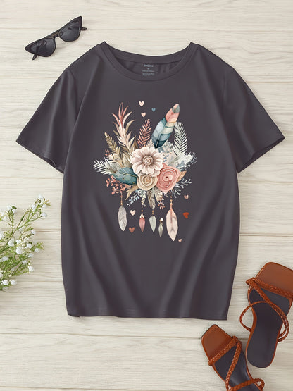 Dames T-shirt Boheemse Stijl Bloemen- en Veerprint, Casual Zomer