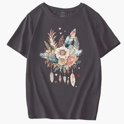 Dames T-shirt Boheemse Stijl Bloemen- en Veerprint, Casual Zomer