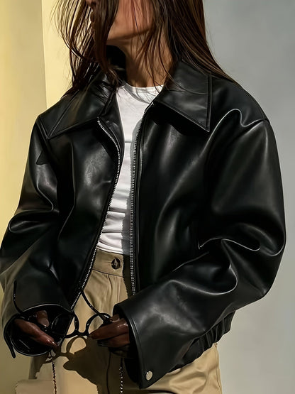 Veste courte bomber femme aspect cuir à fermeture éclair, col classique et ourlet côtelé