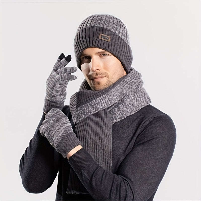 Ensemble hiver bonnet écharpe gants gris chiné tricot doublé polaire pour homme