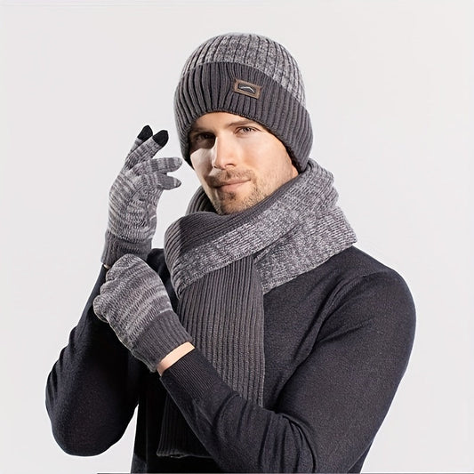 Ensemble hiver bonnet écharpe gants gris chiné tricot doublé polaire pour homme