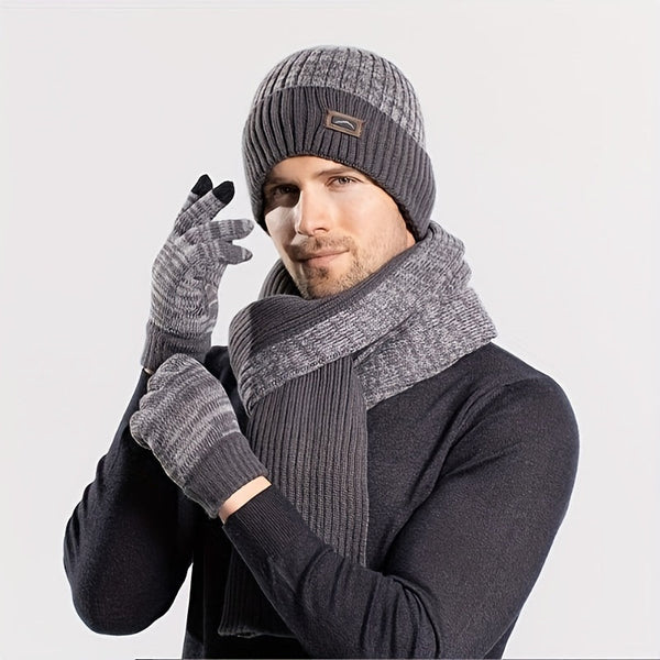 Ensemble hiver bonnet écharpe gants gris chiné tricot doublé polaire pour homme
