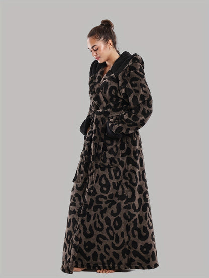 Robe de Chambre Femme Longue à Capuche Motif Léopard