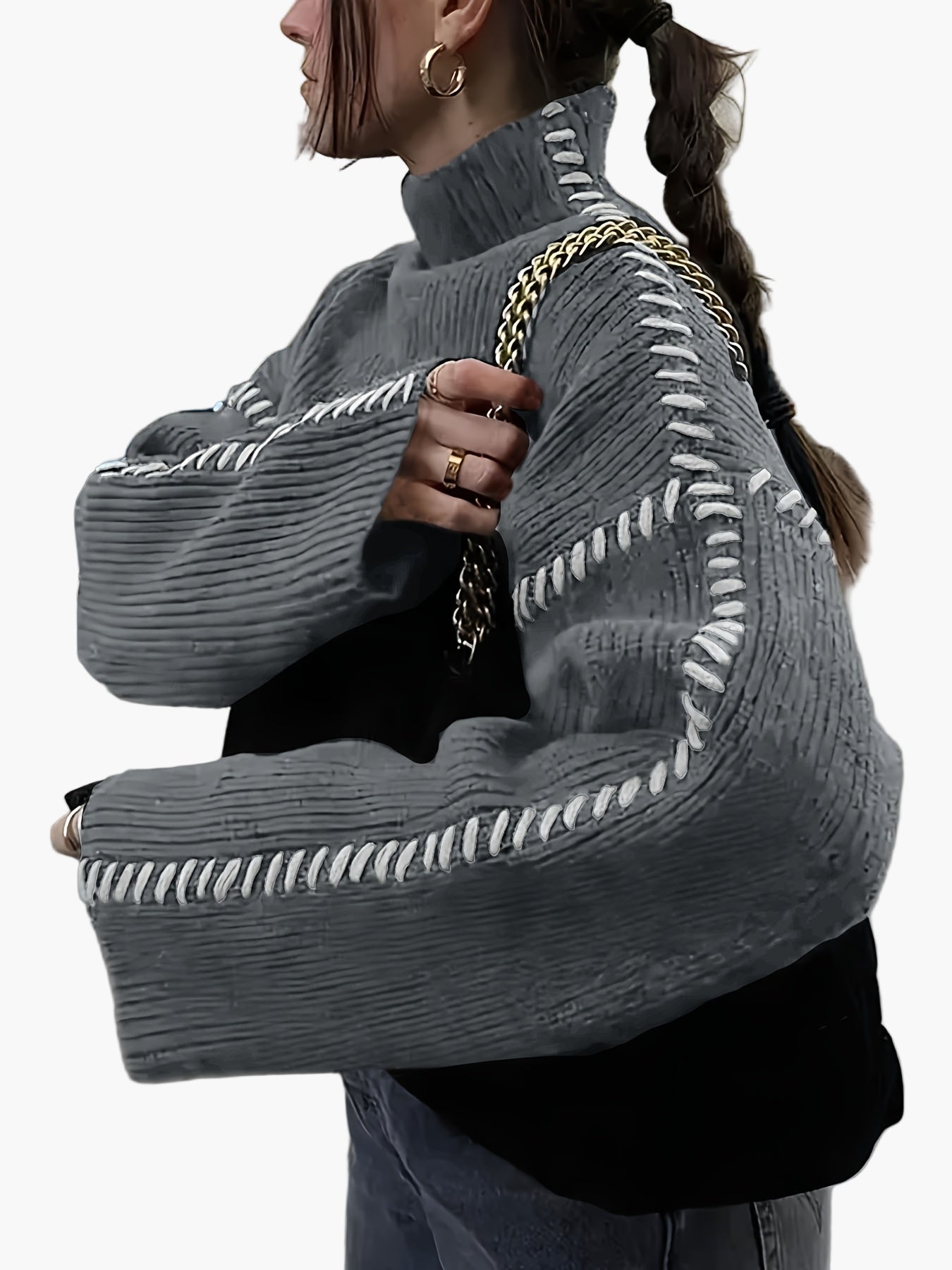 Sweter damski w stylu casual z golfem, szerokimi rękawami i modnymi detalami szwalniczymi na jesień i zimę