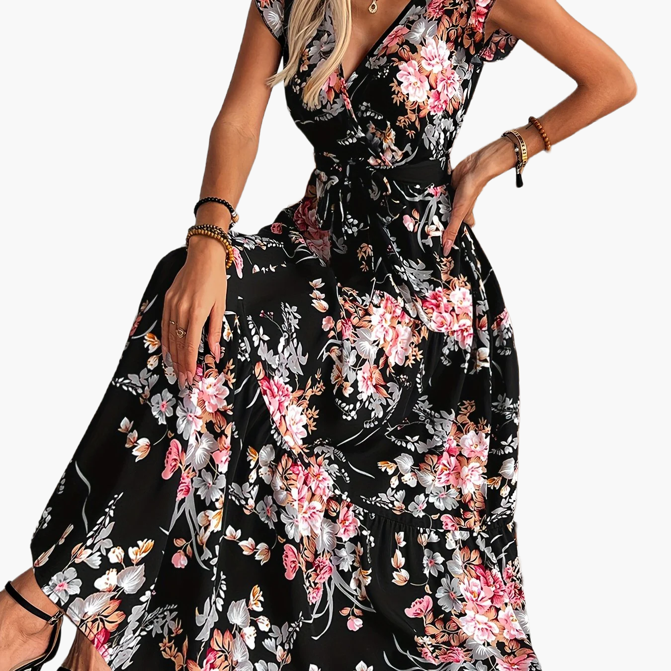 Langes Wickelkleid mit Blumenmuster im Urlaubsstil für Damen  