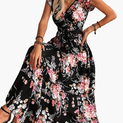 Langes Wickelkleid mit Blumenmuster im Urlaubsstil für Damen  