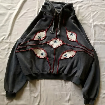 Sweat à Capuche Gris Anthracite Ample avec Motifs Yeux Stylisés