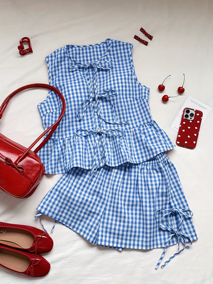 Ensemble coordonné femme style décontracté à rayures avec top sans manches à volants et short taille haute