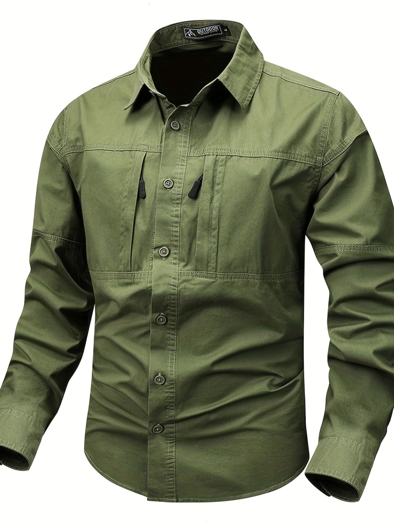 Chemise Homme Boutonnée Manches Longues à Poches Zippées Style Cargo Militaire