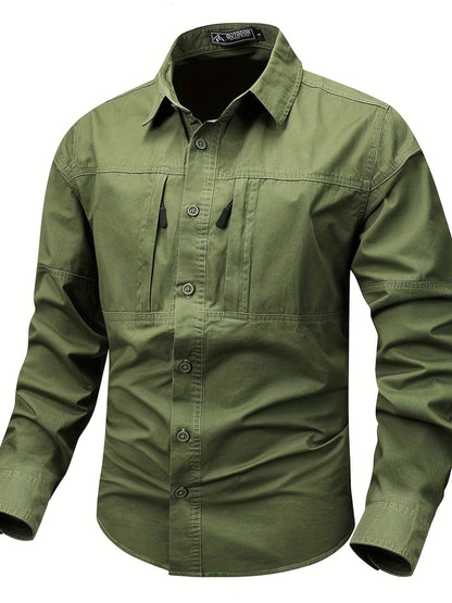 Chemise Homme Boutonnée Manches Longues à Poches Zippées Style Cargo Militaire