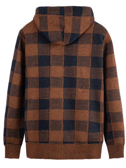 Cardigan Homme à Capuche Carreaux Marron Noir Fermeture Éclair Doublure Chaude