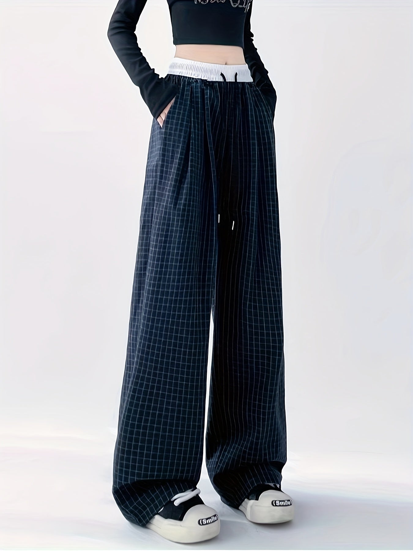 Pantalon large décontracté pour femme style urbain à carreaux