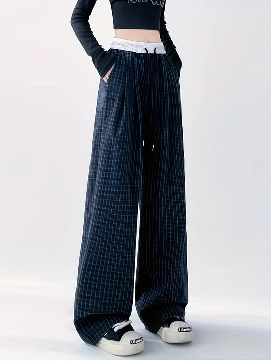 Pantalon large décontracté pour femme style urbain à carreaux
