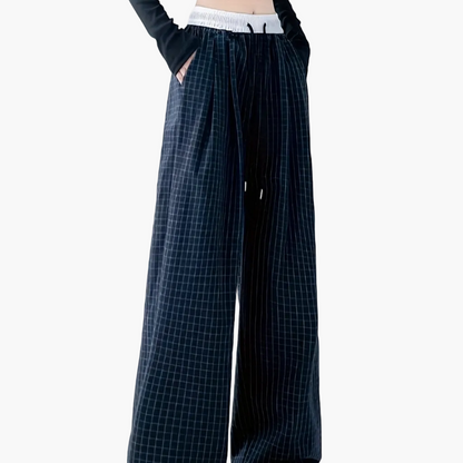 Pantalon large décontracté pour femme style urbain à carreaux