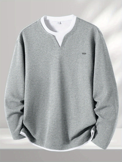 Pull Homme Maille Gaufre Bicolore Col V Manches Longues Gris