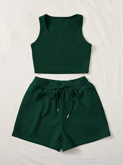 Women's Casual Set – Sleeveless Crop Top and High-Waisted Shorts for Leisure and Summer