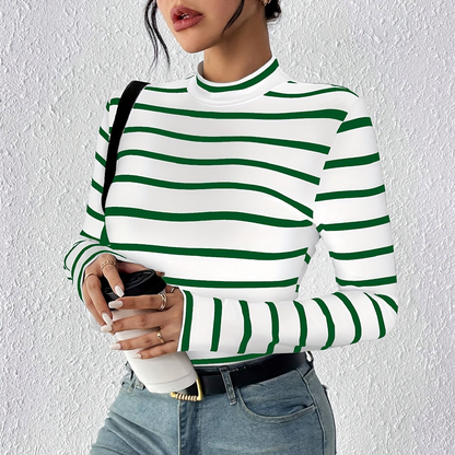 Haut moulant femme col montant rayé noir et blanc à manches longues