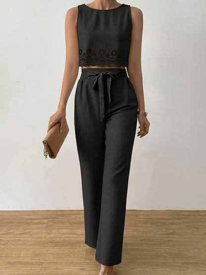 Ensemble deux pièces femme style élégant crop top découpé et pantalon taille haute ample pour printemps/été