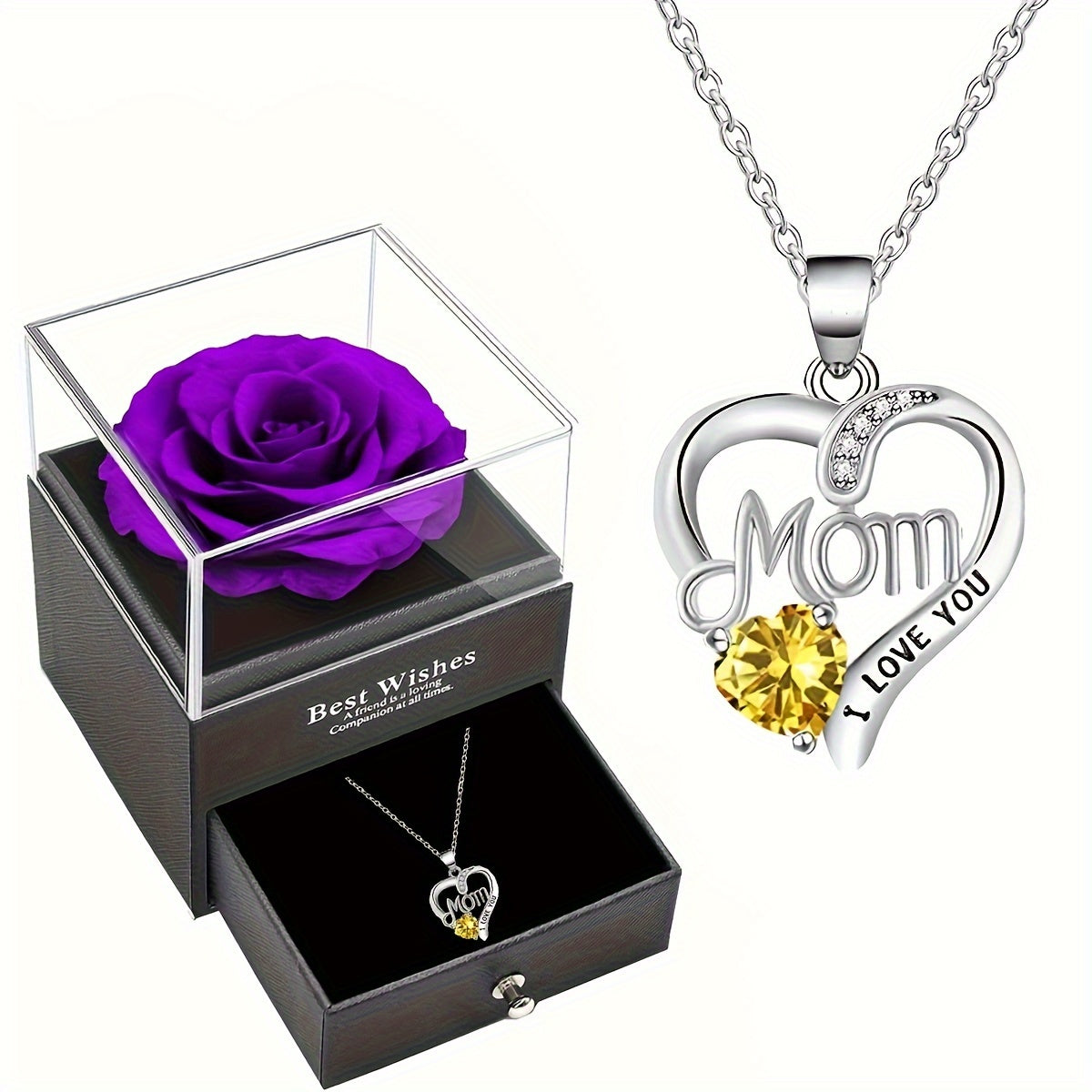 Collier Femme Pendentif Coeur 'Mom' avec Rose Éternelle – Cadeau Élégant pour la Fête des Mères