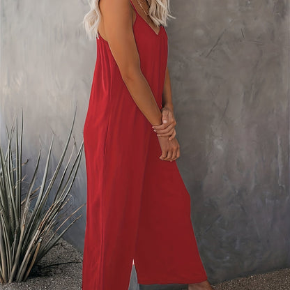 Mono holgado casual para mujer estilo verano con tirantes finos y bolsillos – Look chic y cómodo para vacaciones o ciudad