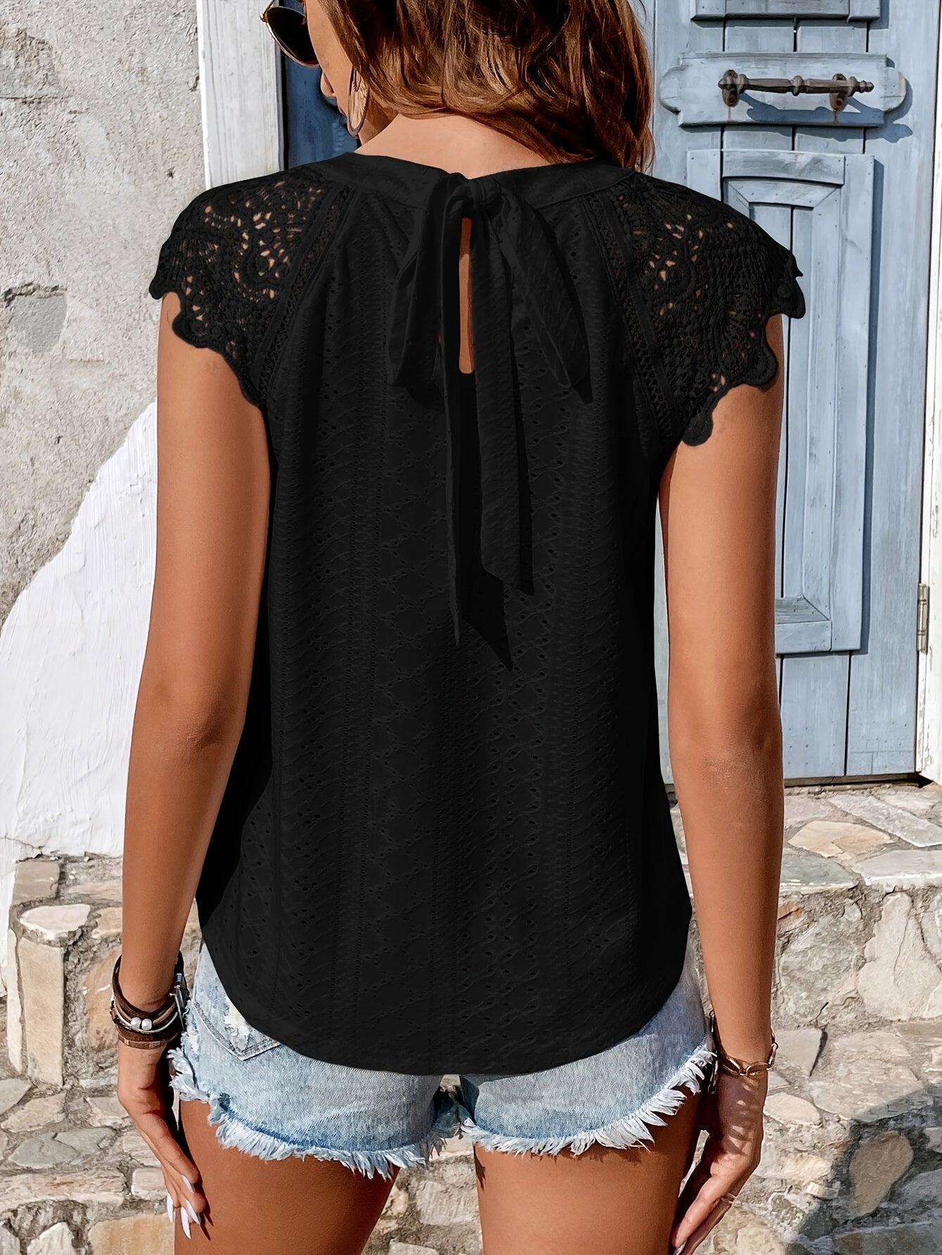 Damesblouse Boheemse Chic Stijl met Kantmouwen en Geknoopte Rug – Casual Zomermode