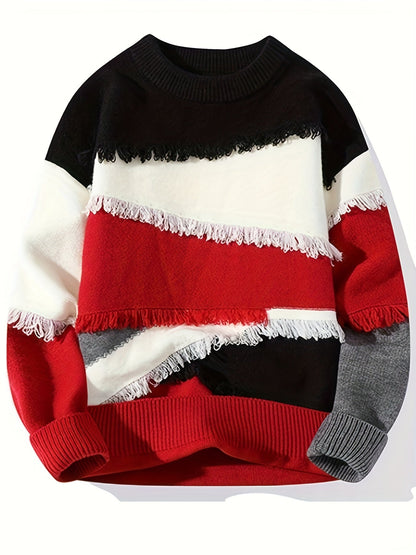 Pull Homme Col Rond Color Block à Franges Tricoté Décontracté
