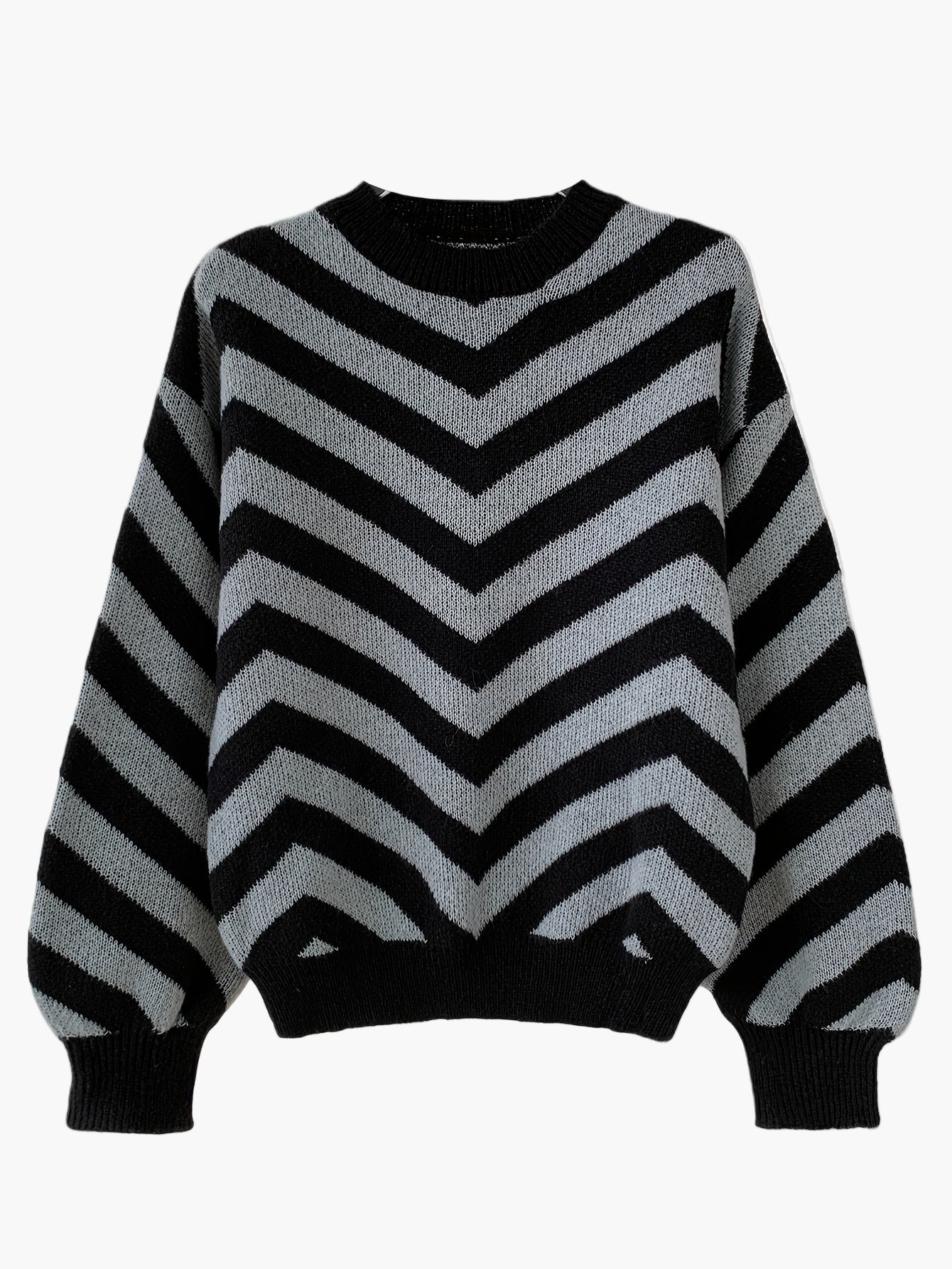 Elegancki sweter damski w paski jodełkowe, styl jesienno-zimowy, z długim rękawem, luźny krój