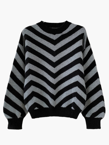 Elegancki sweter damski w paski jodełkowe, styl jesienno-zimowy, z długim rękawem, luźny krój