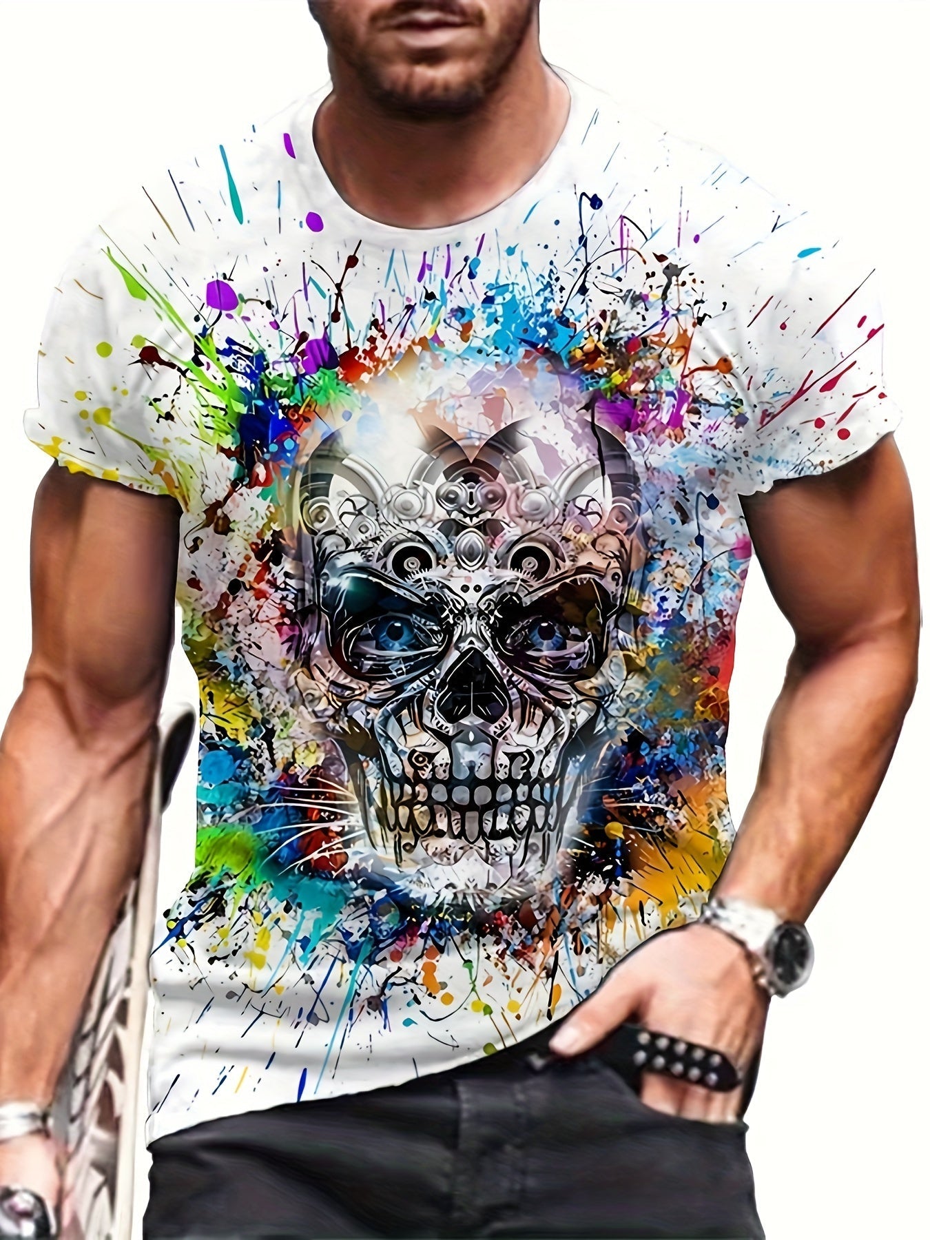 Herren T-Shirt große Größe urbaner Stil mit künstlerischem Totenkopf-Motiv