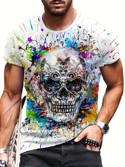 Herren T-Shirt große Größe urbaner Stil mit künstlerischem Totenkopf-Motiv