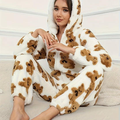 Combinaison Pyjama Polaire Femme à Capuche Ourson ou Pois Colorés Fermeture Éclair