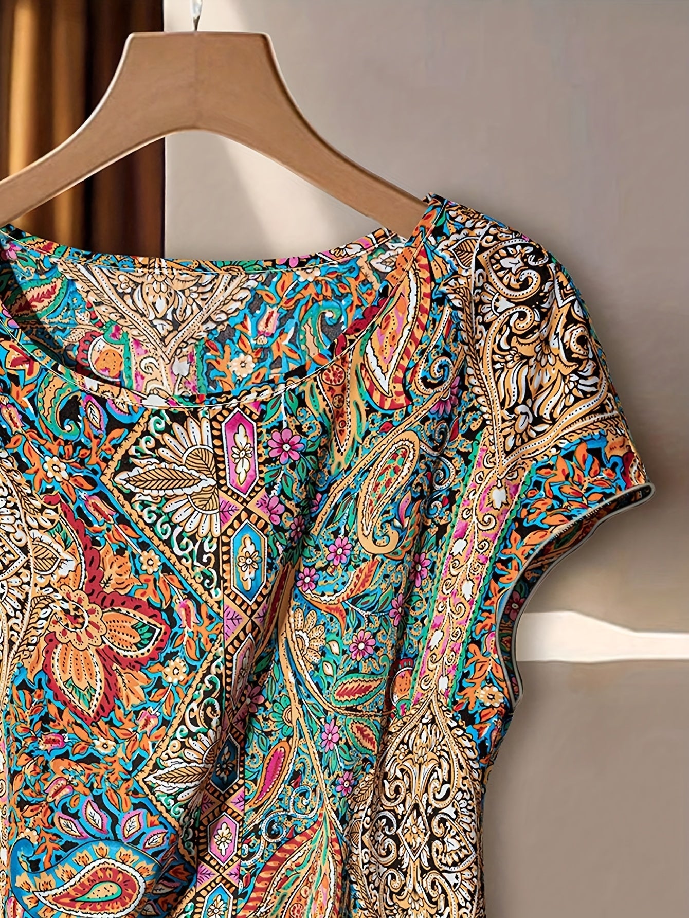 Elegant Women's Blouse with Bohemian Pattern for Spring/Summer, Asymmetric Style with Decorative Bow