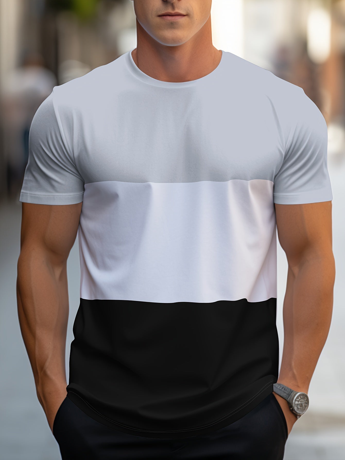 T-shirt Homme Style Décontracté à Bandes Contraste pour Usage Quotidien