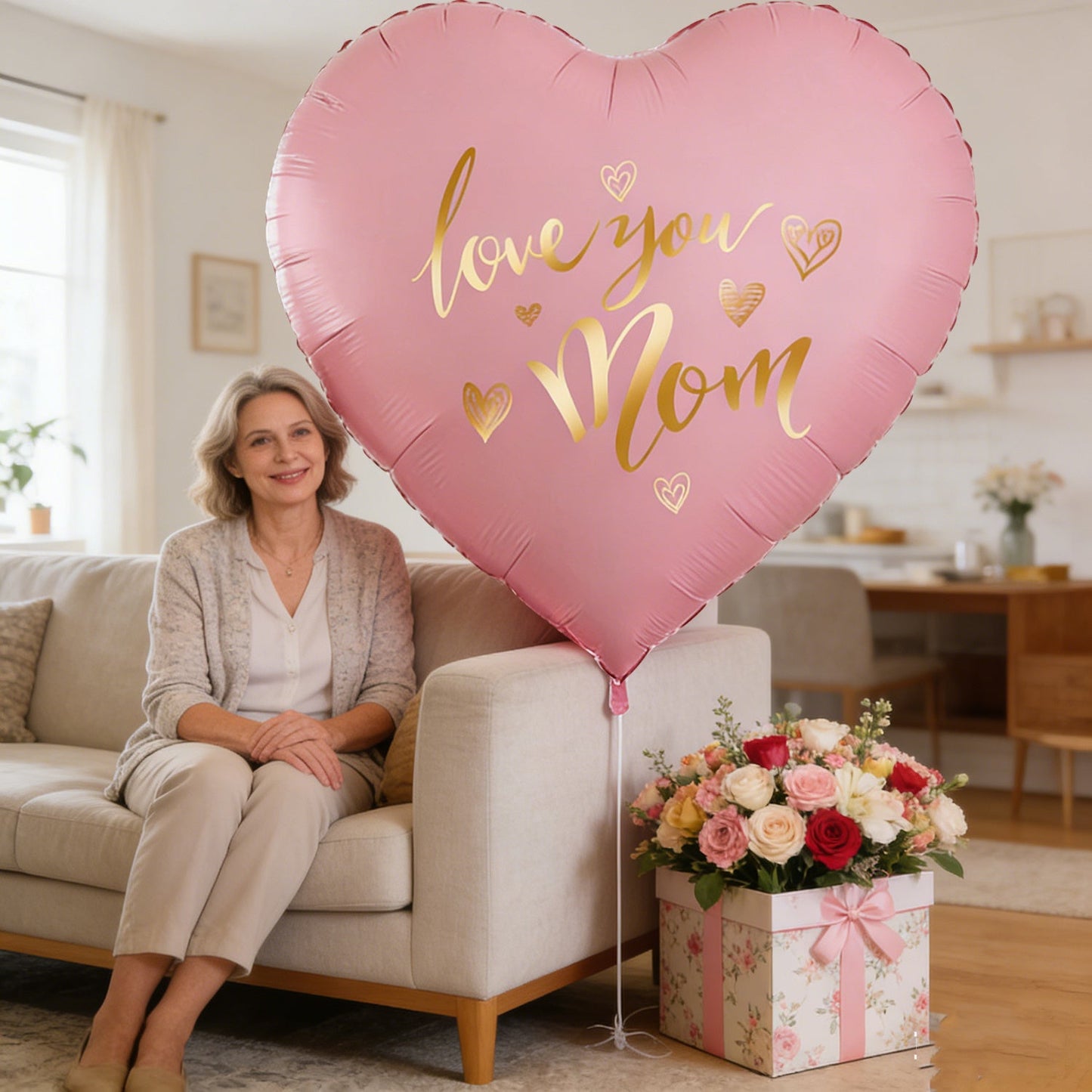 Kæmpe ballon formet som et hjerte med teksten 'Love You Mom' – Elegant dekoration til mors dag, kvinde