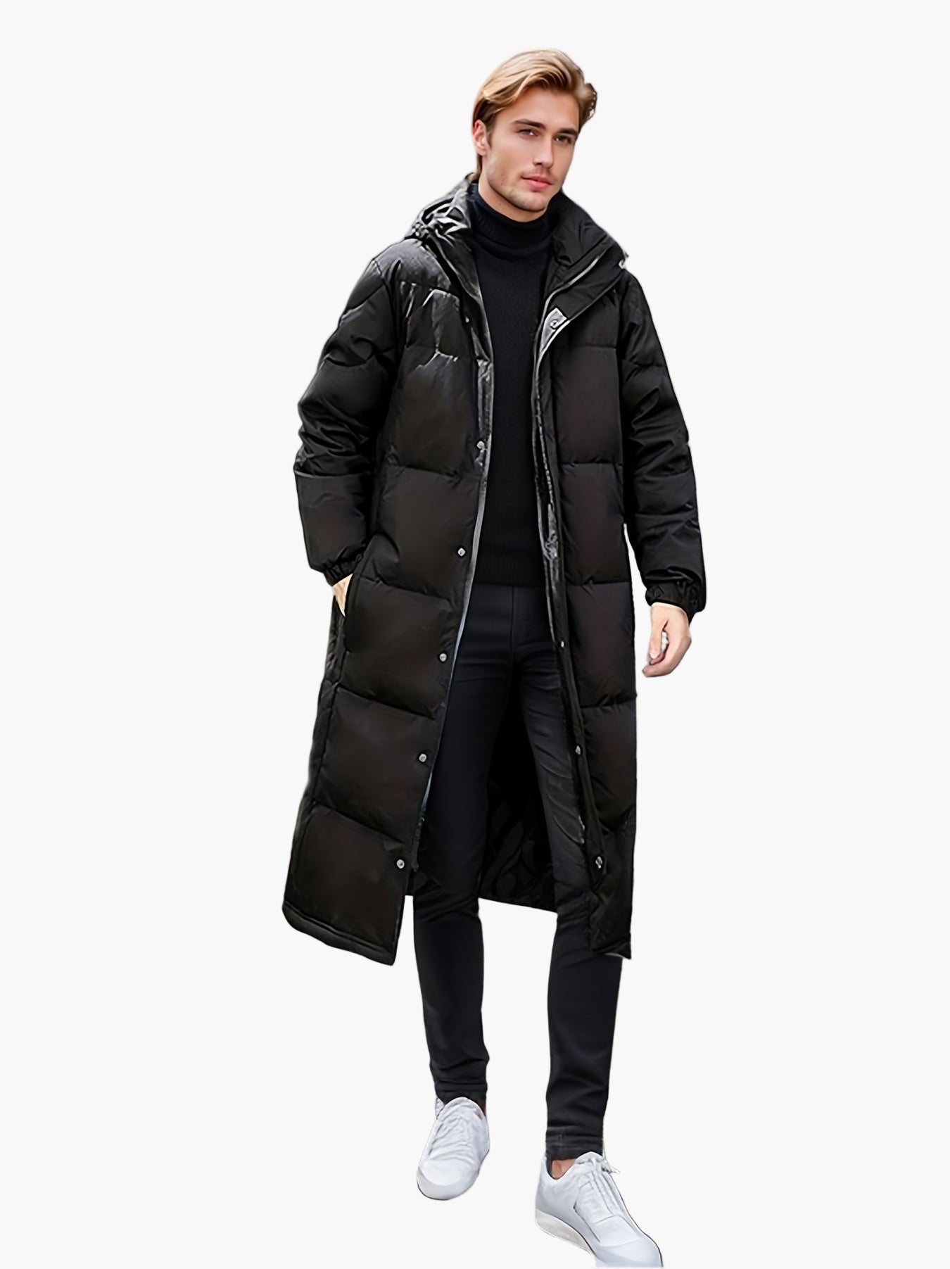 Herr lång dunjacka med huva i urban stil för en avslappnad vinter