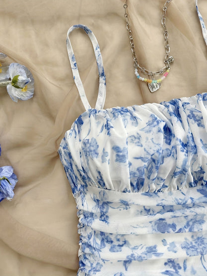 Abito estivo donna stile elegante con spalline sottili, stampa floreale per uscite e vacanze